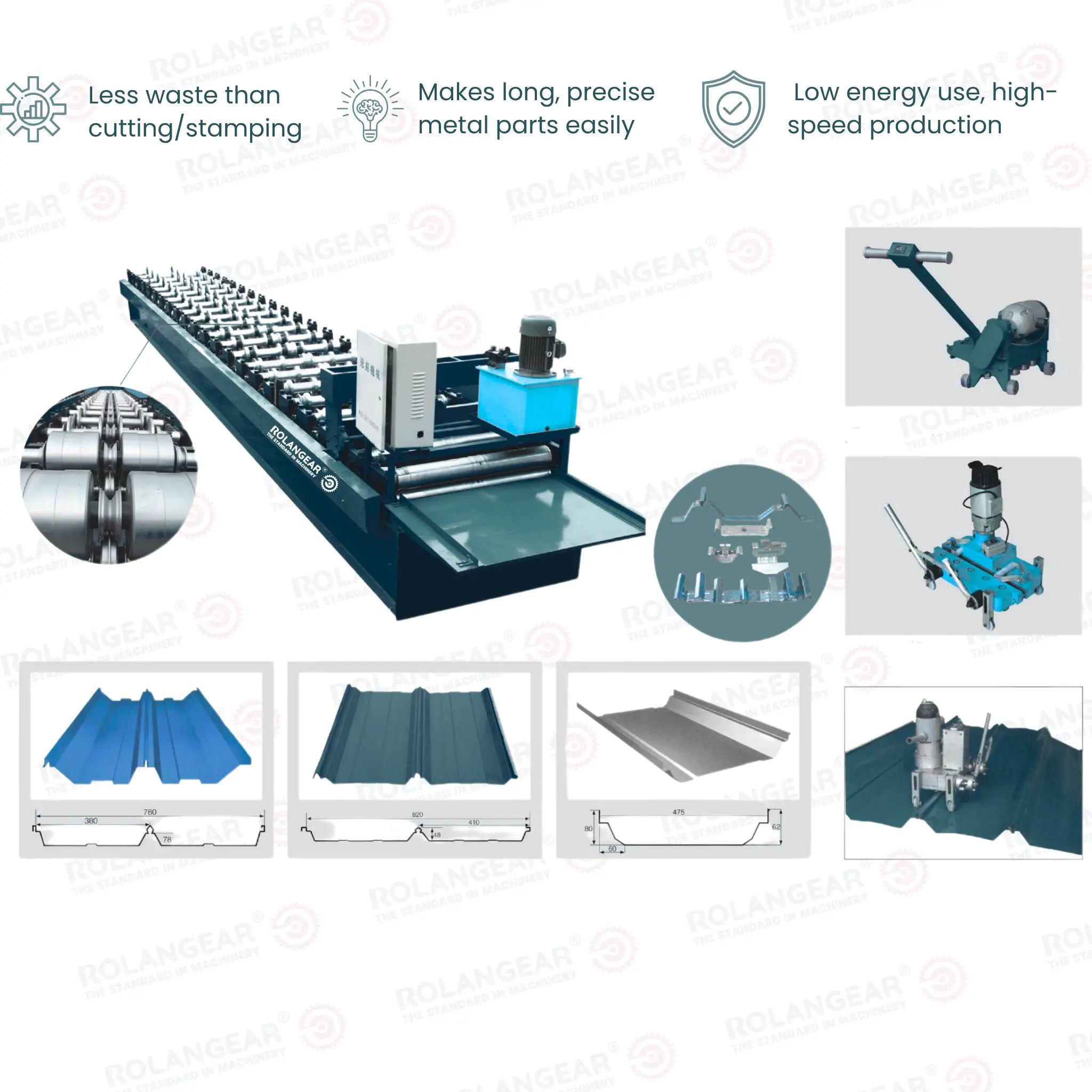 Industrial metal rolling machine with features and applications on a white background