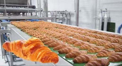 Main equipment in a croissant production line — mixer, sheeter, laminator, oven